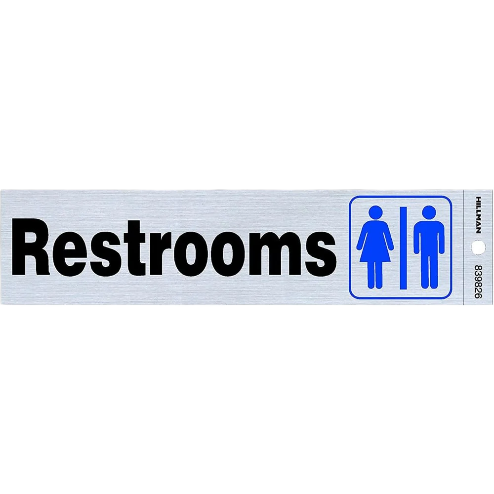 Hillman Black & Blue Nickel Mylar Self-Adhesive Restrooms Sign, 2 x 8 in.