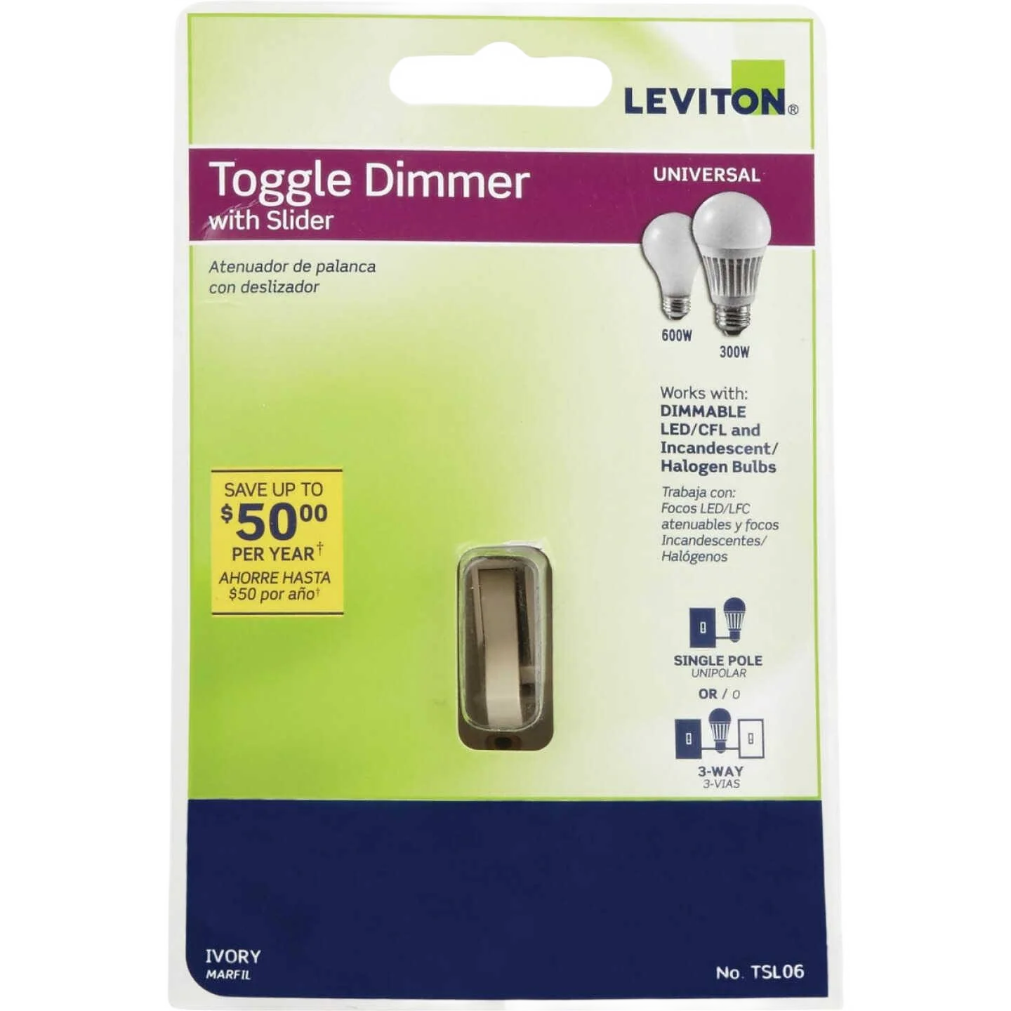 Leviton Universal Toggle Slide Light Almond Dimmer Switch - Image 2