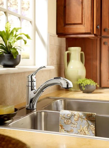 Moen Renzo Chrome One Handle Low Arc Pullout Kitchen Faucet - Image 2
