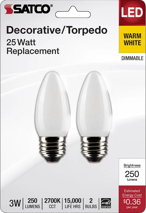 Satco 3 Watt B11 LED Frosted Medium Base Decorative Light Bulb, 2-Pack - Image 2