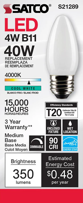 Satco 4 Watt B11 Frost Cool White Medium Base Light Bulb - Image 3