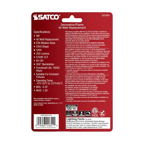 Satco 4 Watt CA10 LED Frosted Warm White Medium Base Light Bulb - Image 3
