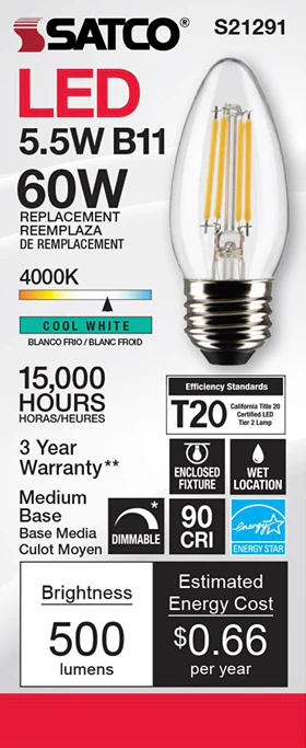 Satco 5.5 Watt B11 LED Clear Cool White Medium Base Light Bulb - Image 3