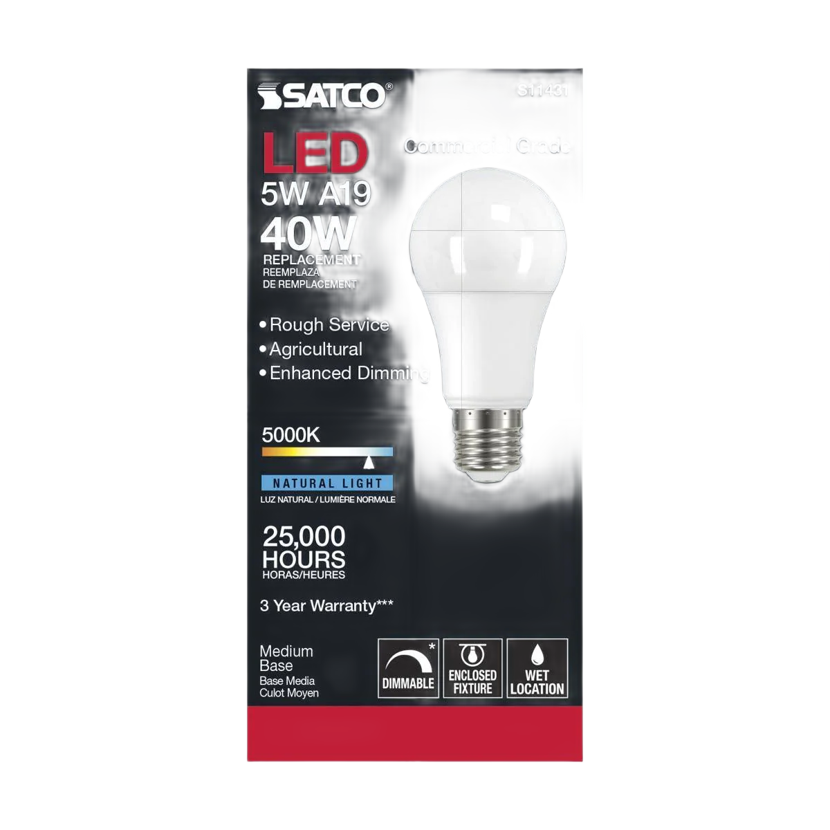 Satco 5 Watt A19 LED Agricultural Natural Light Light Bulb - Image 3