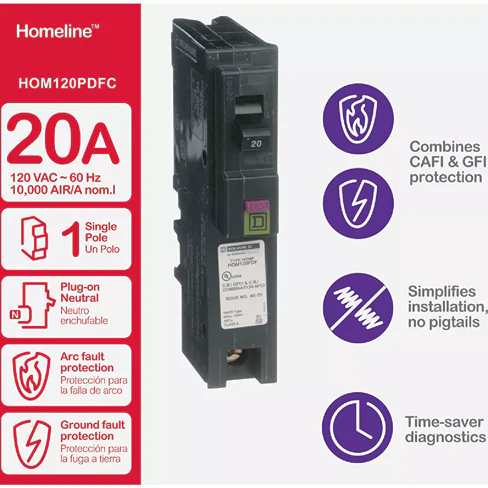 Square D Homeline 20A Single-Pole CAFCI Plug-On Neutral Dual Function Circuit Breaker - Image 2